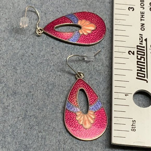 Cloisonne Dangle Pierced Earrings Teardrop Silver - Picture 5 of 5